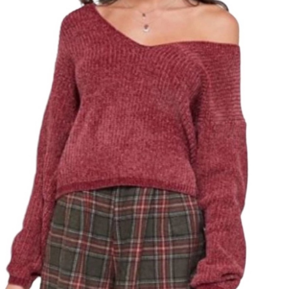 UO Burgundy Kingston Chenille V-Neck Sweater